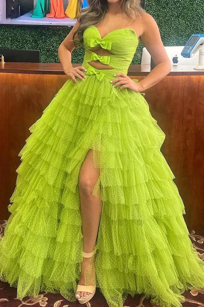 Polka Dot Strapless Ruffle Tiered Prom Gown with Keyholes