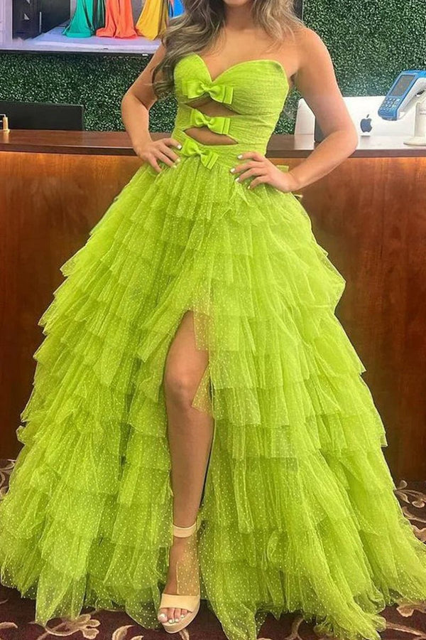 Polka Dot Strapless Ruffle Tiered Prom Gown with Keyholes