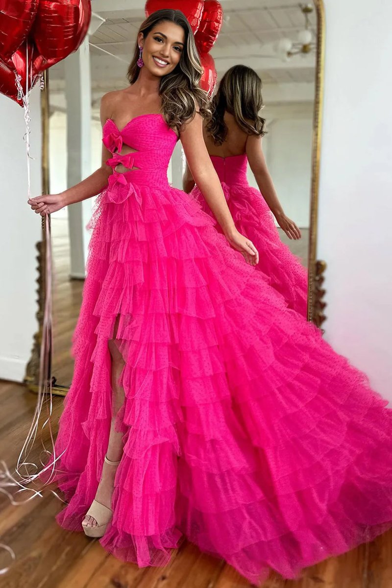 Polka Dot Strapless Ruffle Tiered Prom Gown with Keyholes, Red / 10 / Tulle