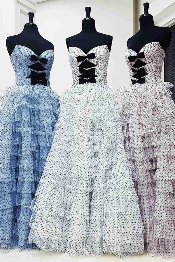 Polka Dot Strapless Ruffle Tiered Prom Gown with Keyholes