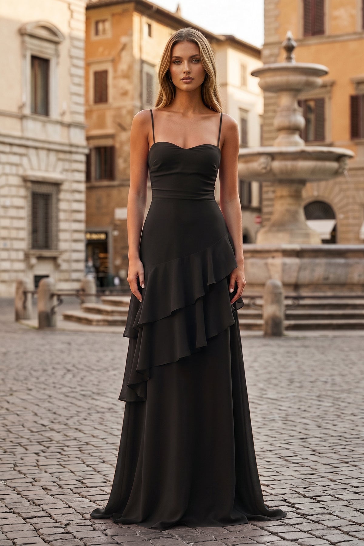 Red Sheath Spaghetti Straps Chiffon Long Prom Dresses with Ruffles Red Sheath Spaghetti Straps Chiffon Long Prom Dresses with Ruffles