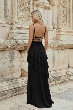 KissProm-Black Sheath Spaghetti Straps Chiffon Long Prom Dresses with Ruffles
