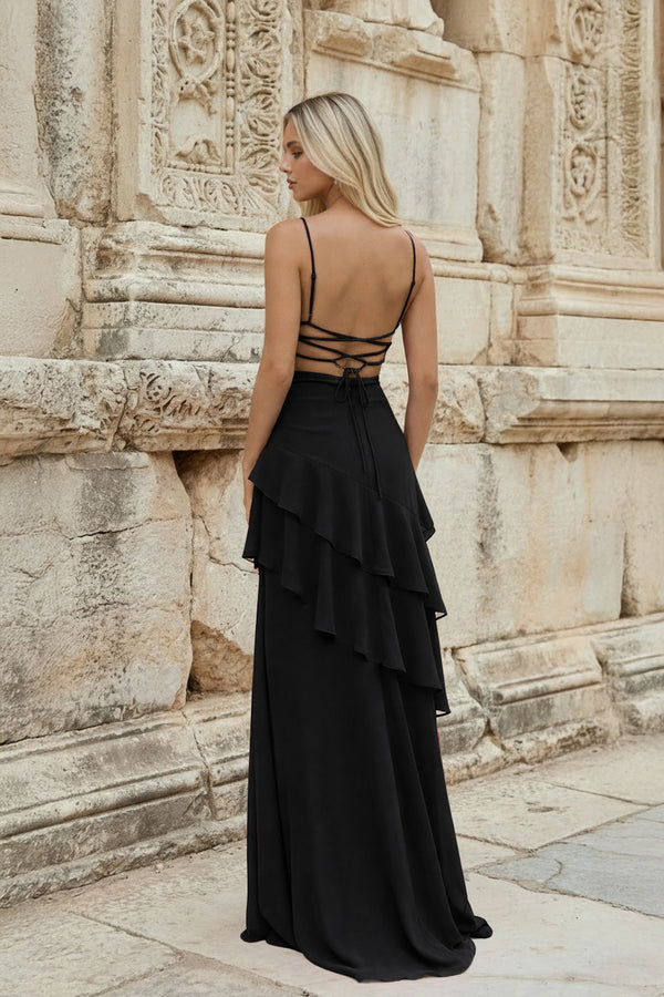 KissProm-Black Sheath Spaghetti Straps Chiffon Long Prom Dresses with Ruffles