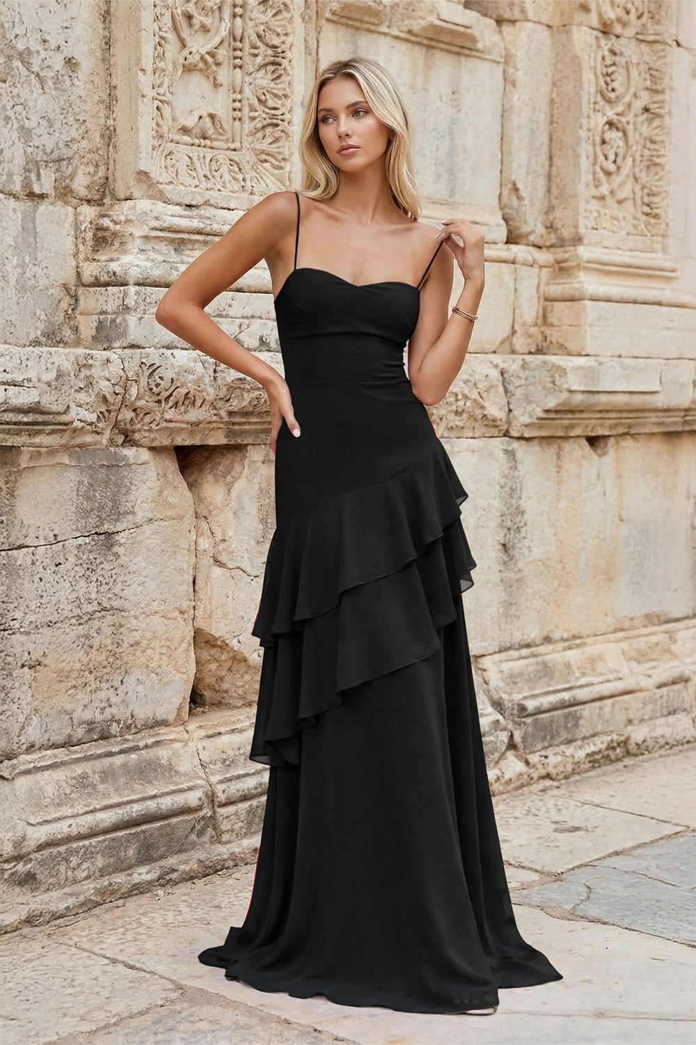 KissProm-Black Sheath Spaghetti Straps Chiffon Long Prom Dresses with Ruffles