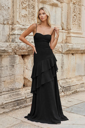 KissProm-Black Sheath Spaghetti Straps Chiffon Long Prom Dresses with Ruffles