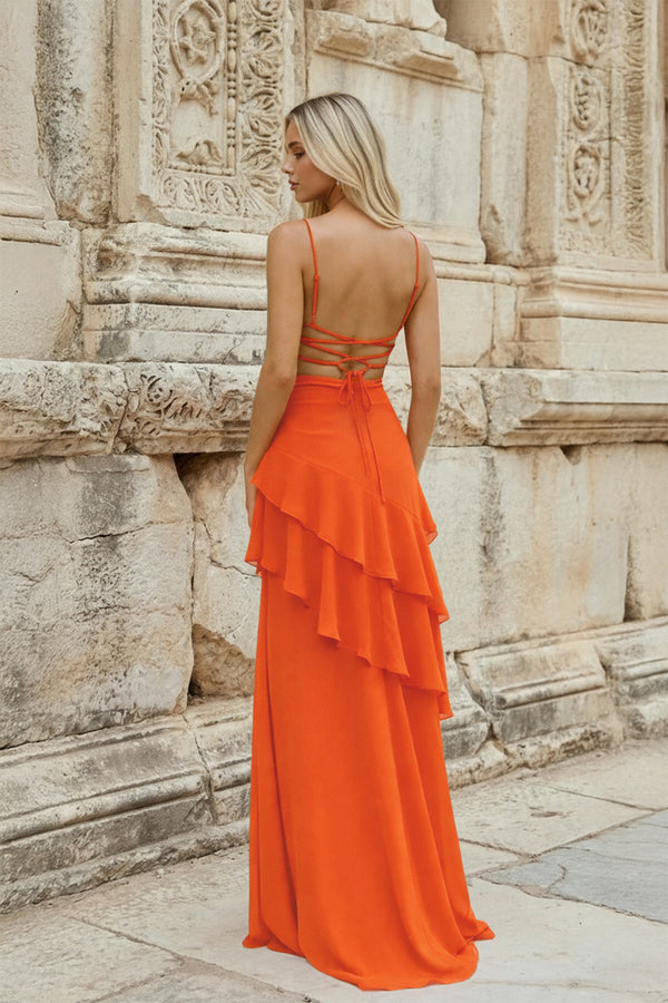 KissProm-Bright Orange Sheath Spaghetti Straps Chiffon Long Prom Dresses with Ruffles