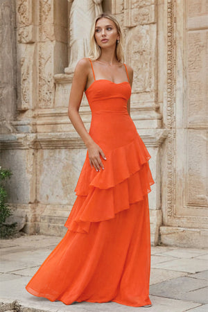 KissProm-Bright Orange Sheath Spaghetti Straps Chiffon Long Prom Dresses with Ruffles