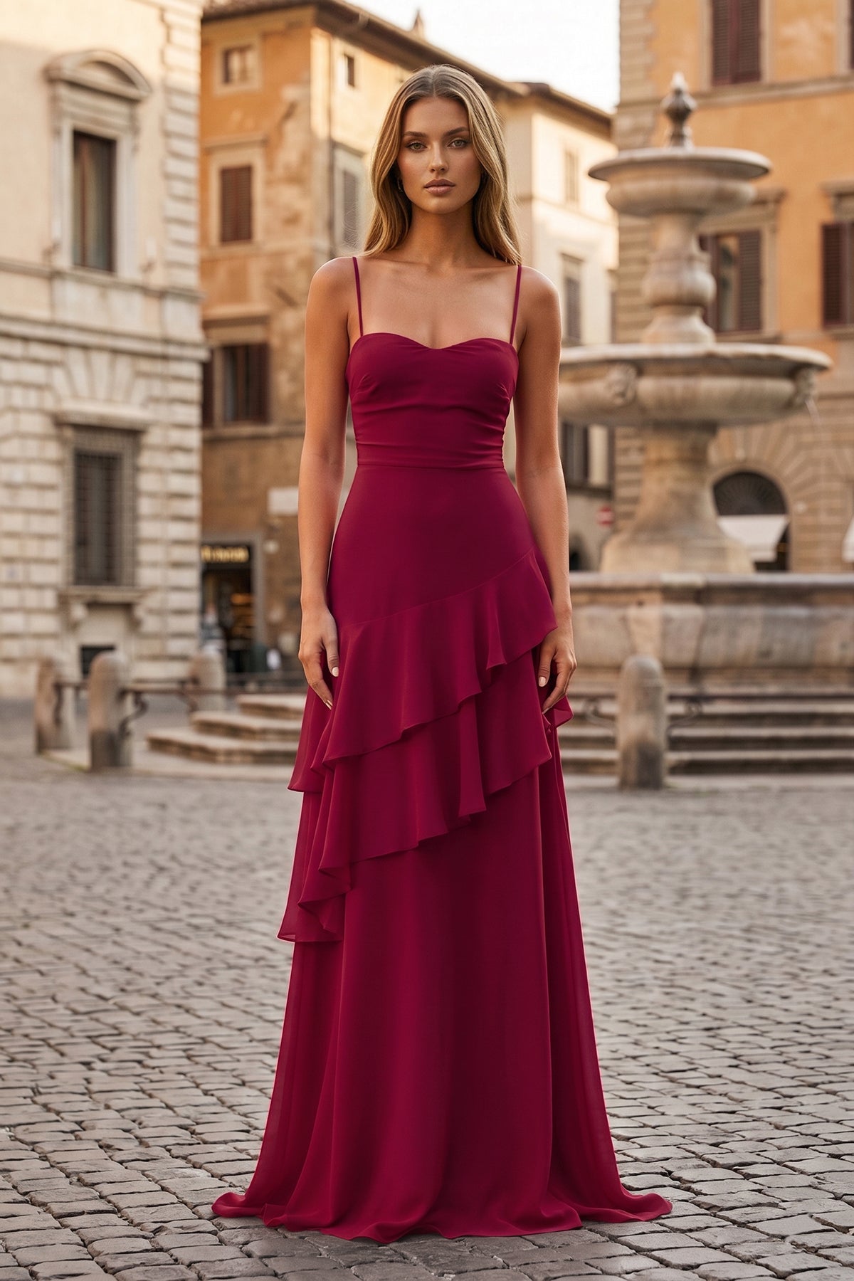 Red Sheath Spaghetti Straps Chiffon Long Prom Dresses with Ruffles Red Sheath Spaghetti Straps Chiffon Long Prom Dresses with Ruffles