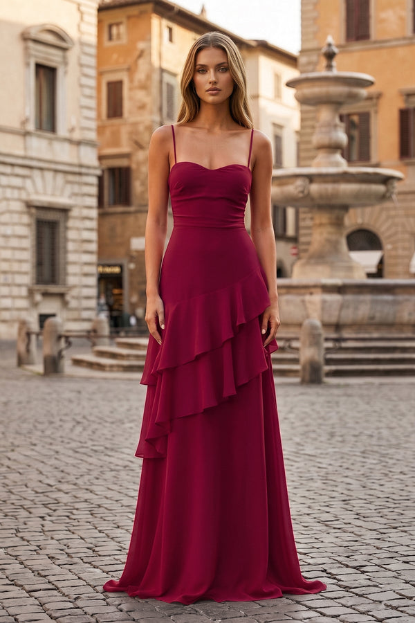 Red Sheath Spaghetti Straps Chiffon Long Prom Dresses with Ruffles Red Sheath Spaghetti Straps Chiffon Long Prom Dresses with Ruffles