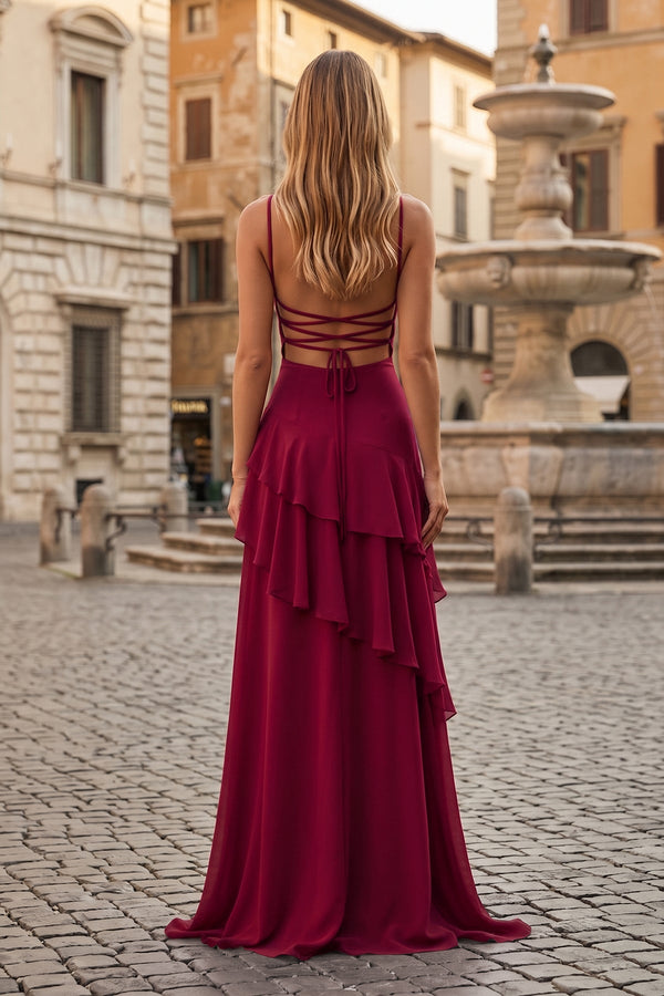 Red Sheath Spaghetti Straps Chiffon Long Prom Dresses with Ruffles