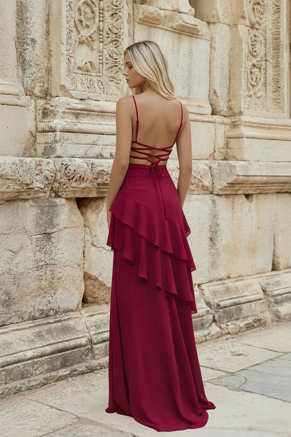 KissProm-Burgundy Sheath Spaghetti Straps Chiffon Long Prom Dresses with Ruffles