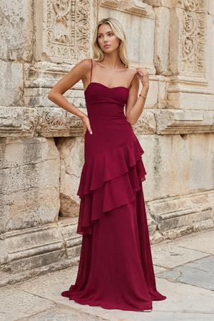 KissProm-Burgundy Sheath Spaghetti Straps Chiffon Long Prom Dresses with Ruffles