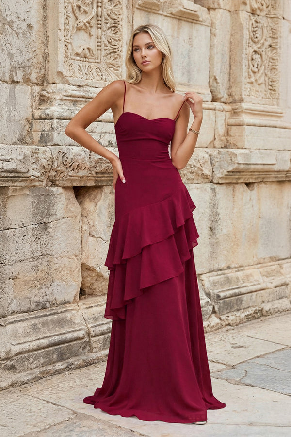 KissProm-Burgundy Sheath Spaghetti Straps Chiffon Long Prom Dresses with Ruffles