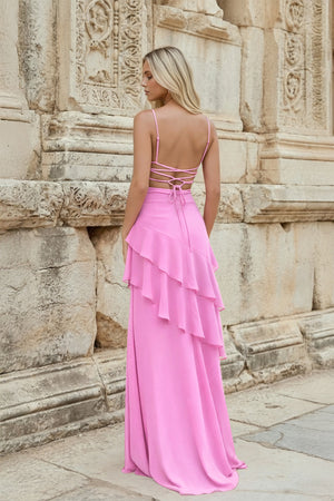 KissProm-Candy Pink Sheath Spaghetti Straps Chiffon Long Prom Dresses with Ruffles