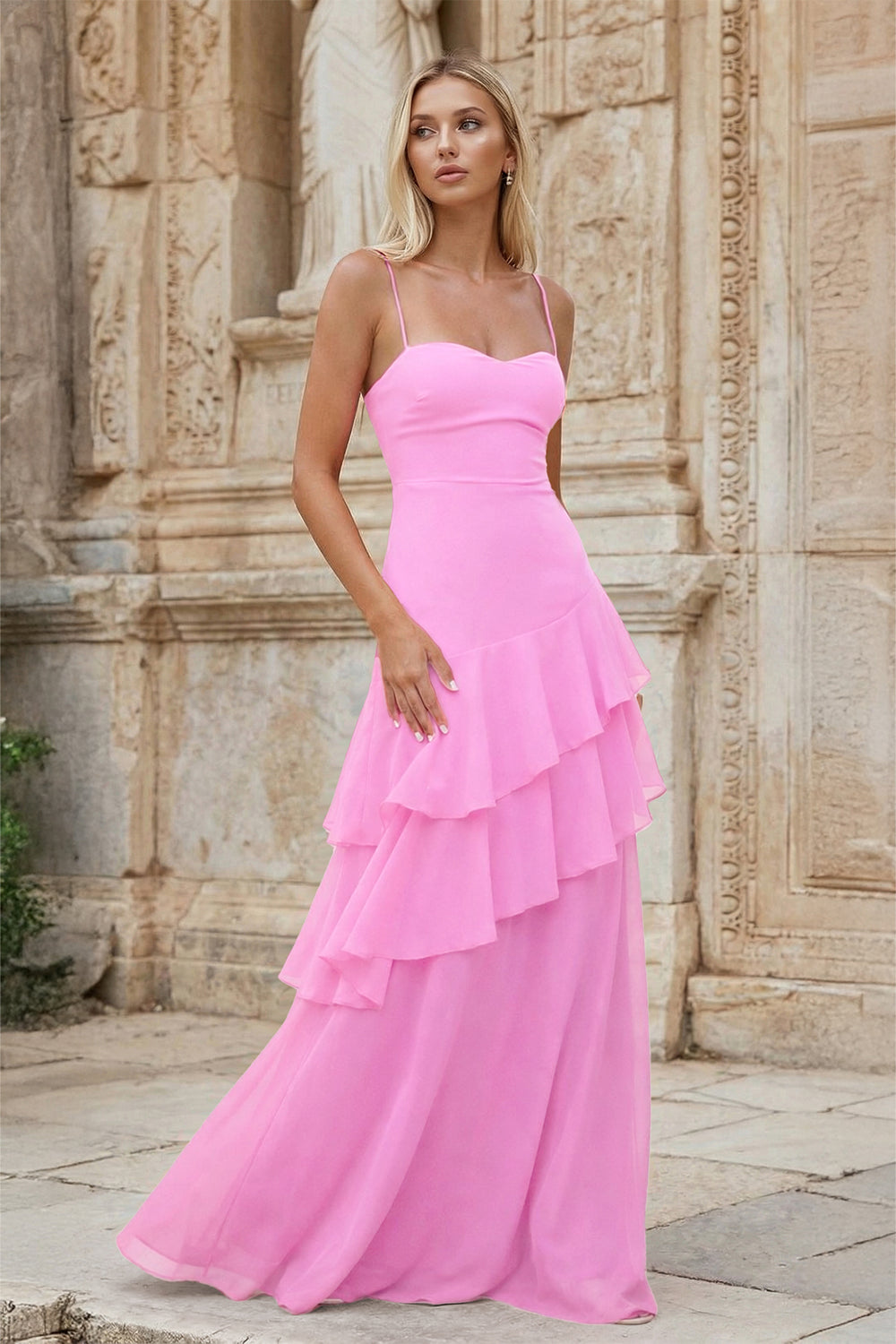 KissProm-Candy Pink Sheath Spaghetti Straps Chiffon Long Prom Dresses with Ruffles