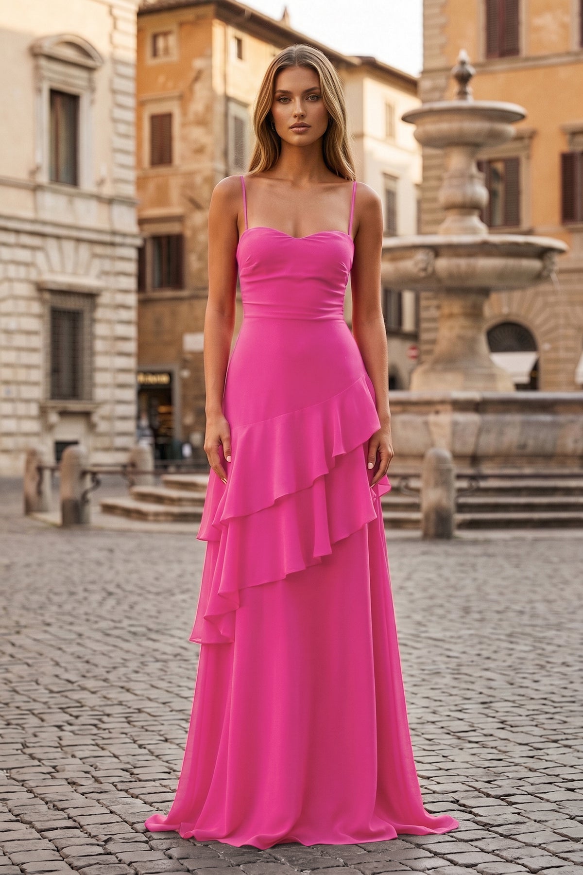 KissProm Red Sheath Spaghetti Straps Chiffon Long Prom Dresses with Ruffles, Hot Pink / 14