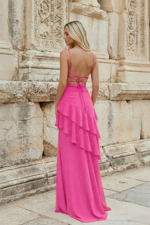 KissProm- Hot Pink Sheath Spaghetti Straps Chiffon Long Prom Dresses with Ruffles