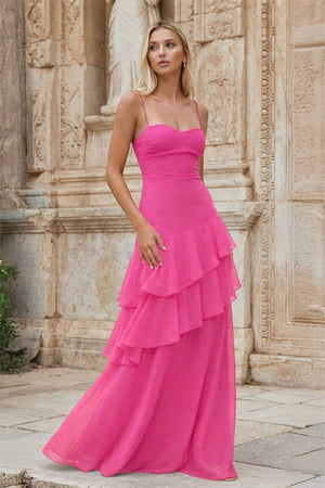 KissProm- Hot Pink Sheath Spaghetti Straps Chiffon Long Prom Dresses with Ruffles