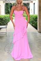 Posie | Pink - Sheath Spaghetti Straps Chiffon Long Prom Dresses with Ruffles - KissProm