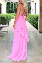 Posie | Pink - Sheath Spaghetti Straps Chiffon Long Prom Dresses with Ruffles - KissProm