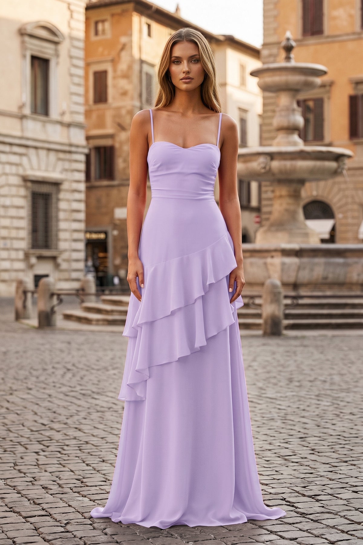 Red Sheath Spaghetti Straps Chiffon Long Prom Dresses with Ruffles