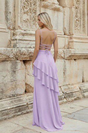 KissProm-Lavender Sheath Spaghetti Straps Chiffon Long Prom Dresses with Ruffles