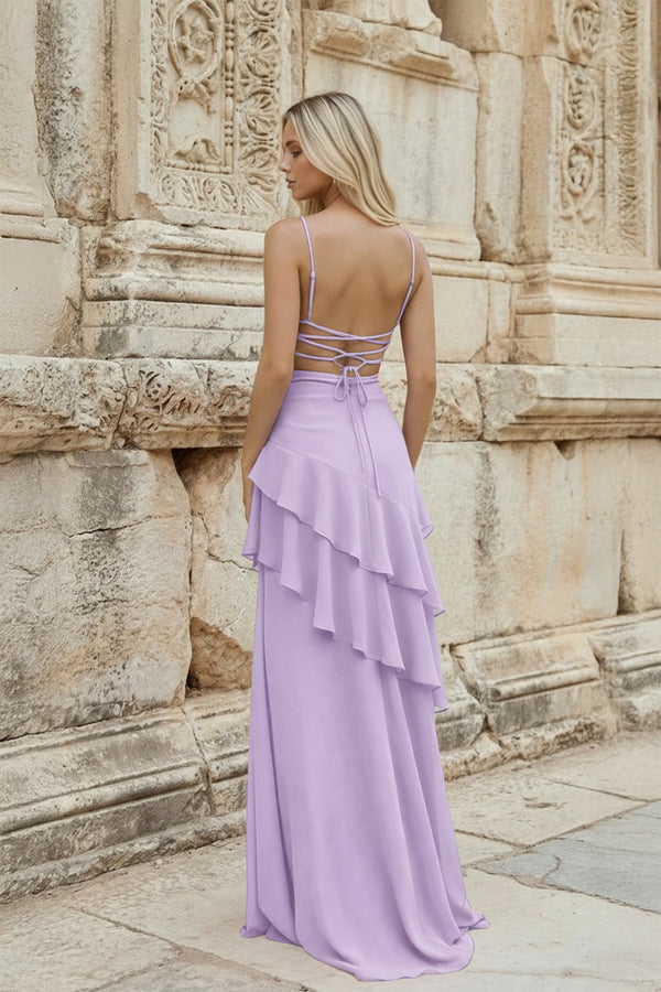 KissProm-Lavender Sheath Spaghetti Straps Chiffon Long Prom Dresses with Ruffles