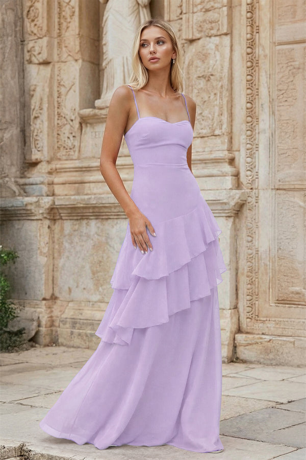 KissProm-Lavender Sheath Spaghetti Straps Chiffon Long Prom Dresses with Ruffles