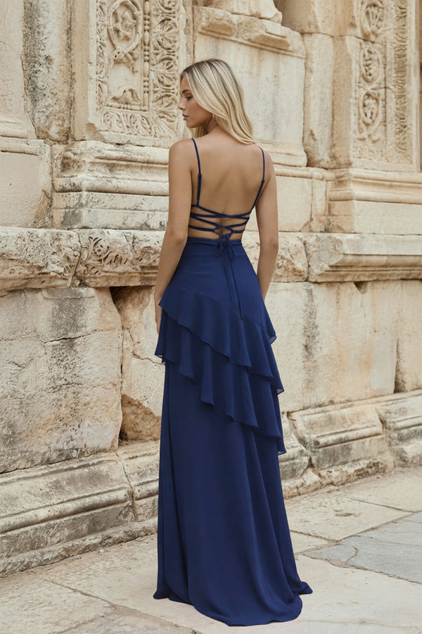 KissProm-Navy Blue Sheath Spaghetti Straps Chiffon Long Prom Dresses with Ruffles