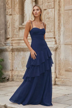 KissProm-Navy Blue Sheath Spaghetti Straps Chiffon Long Prom Dresses with Ruffles