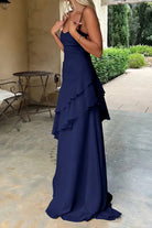 Posie | Navy Blue - Sheath Spaghetti Straps Chiffon Long Prom Dresses with Ruffles - KissProm