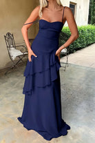 Posie | Navy Blue - Sheath Spaghetti Straps Chiffon Long Prom Dresses with Ruffles - KissProm