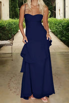 Posie | Navy Blue - Sheath Spaghetti Straps Chiffon Long Prom Dresses with Ruffles - KissProm