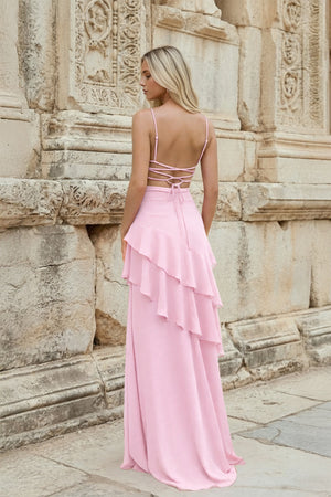 KissProm- Pink Sheath Spaghetti Straps Chiffon Long Prom Dresses with Ruffles