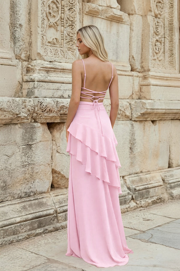 KissProm- Pink Sheath Spaghetti Straps Chiffon Long Prom Dresses with Ruffles