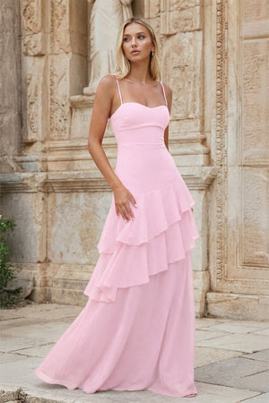 KissProm- Pink Sheath Spaghetti Straps Chiffon Long Prom Dresses with Ruffles