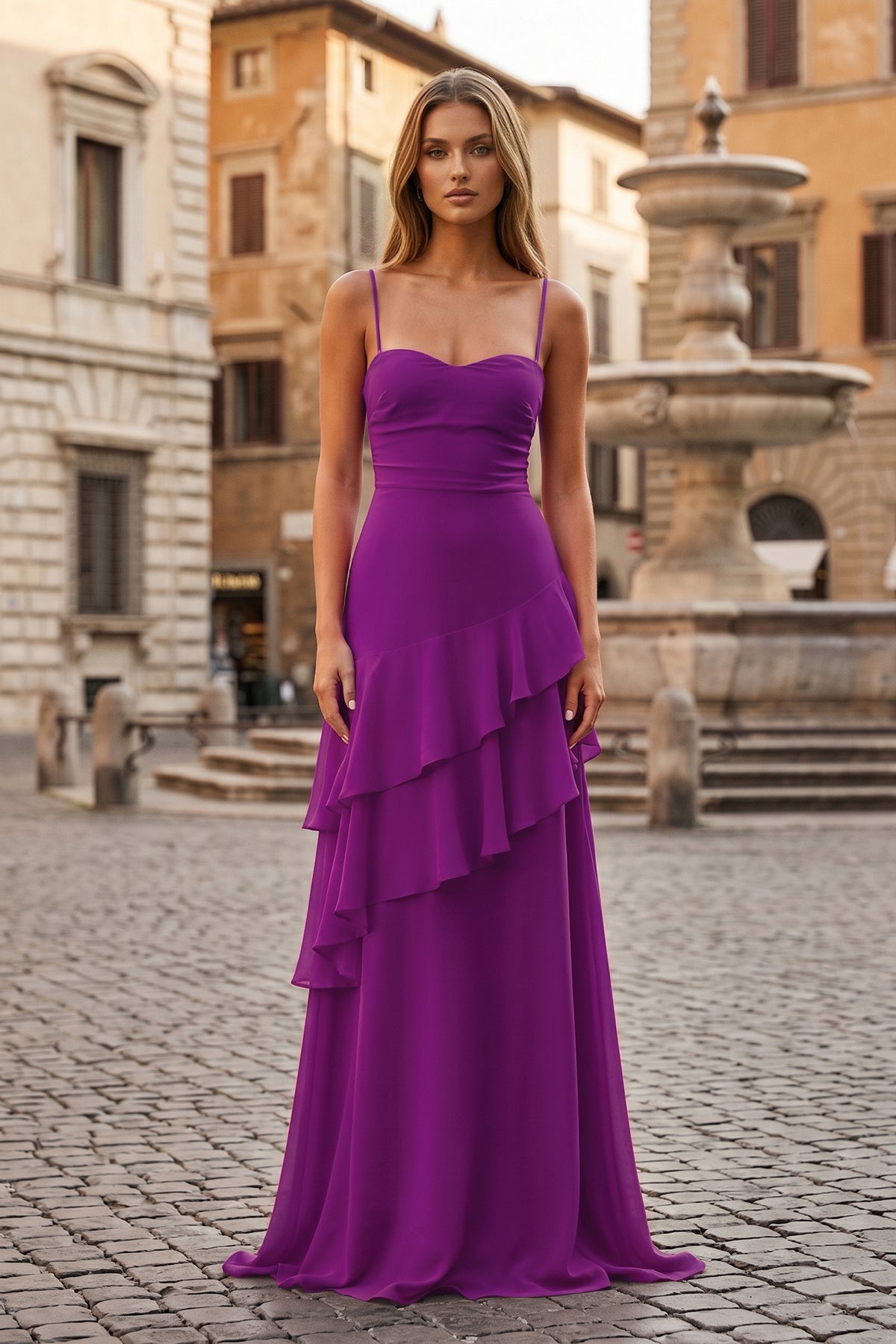 KissProm Red Sheath Spaghetti Straps Chiffon Long Prom Dresses with Ruffles, Purple / 8