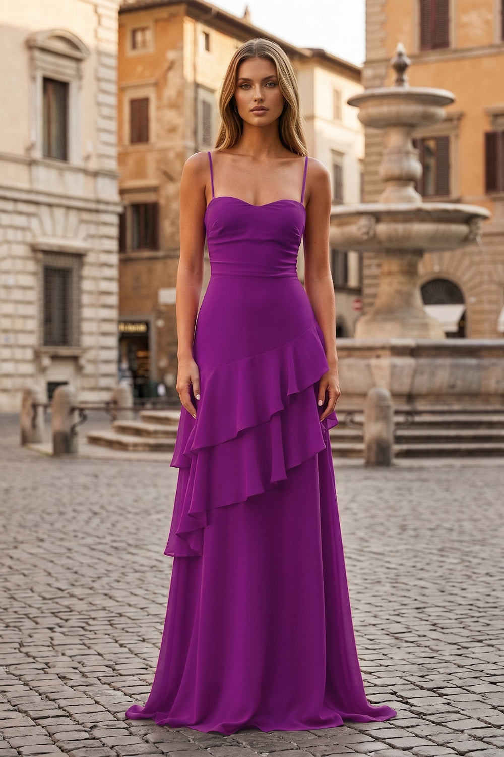 Red Sheath Spaghetti Straps Chiffon Long Prom Dresses with Ruffles – Prom Dresses by KissProm | Available at KissProm