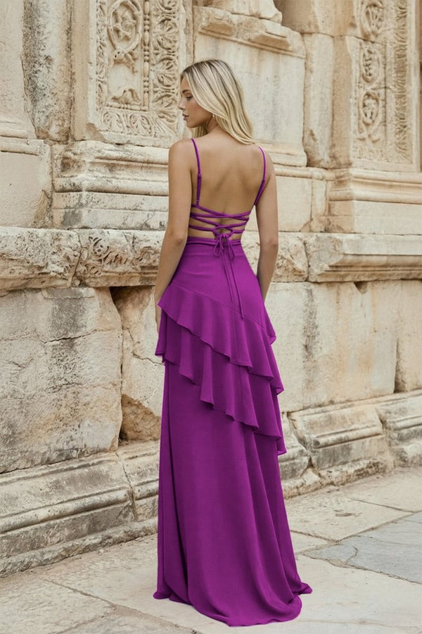 Red Sheath Spaghetti Straps Chiffon Long Prom Dresses with Ruffles - KissProm