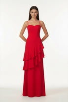 Posie | Red - Sheath Spaghetti Straps Chiffon Long Prom Dresses with Ruffles - KissProm