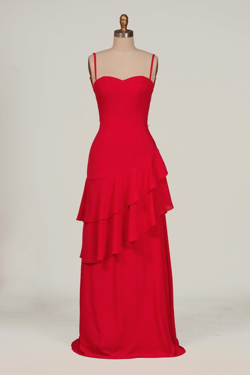 Posie | Red - Sheath Spaghetti Straps Chiffon Long Prom Dresses with Ruffles - KissProm