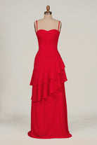 Posie | Red - Sheath Spaghetti Straps Chiffon Long Prom Dresses with Ruffles - KissProm