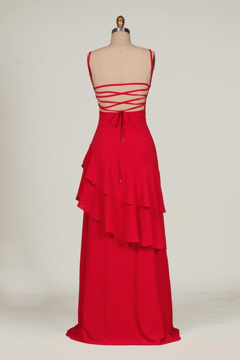 Posie | Red - Sheath Spaghetti Straps Chiffon Long Prom Dresses with Ruffles - KissProm