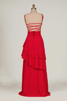 Posie | Red - Sheath Spaghetti Straps Chiffon Long Prom Dresses with Ruffles - KissProm