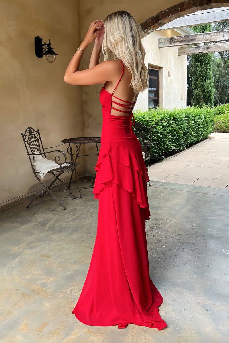 Posie | Red - Sheath Spaghetti Straps Chiffon Long Prom Dresses with Ruffles - KissProm