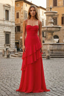 Red Sheath Spaghetti Straps Chiffon Long Prom Dresses with Ruffles – Prom Dresses by KissProm | Available at KissProm