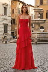 Red Sheath Spaghetti Straps Chiffon Long Prom Dresses with Ruffles – Prom Dresses by KissProm | Available at KissProm