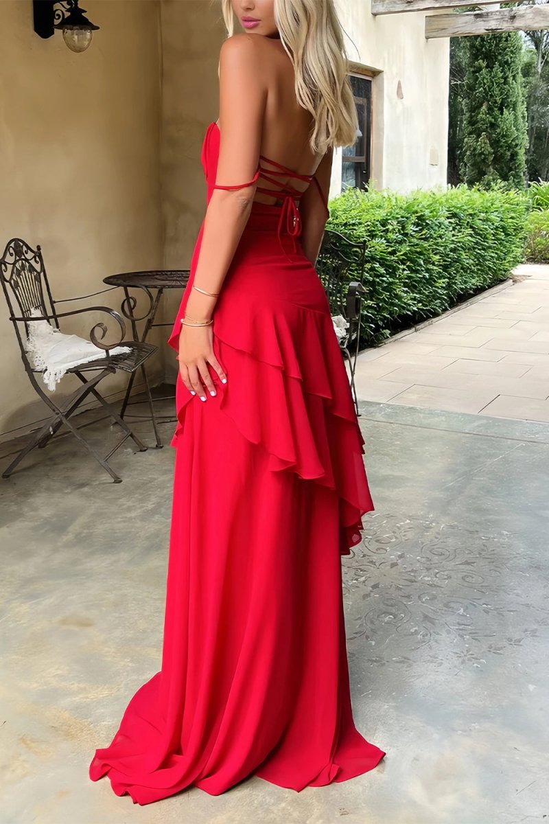 Posie | Red - Sheath Spaghetti Straps Chiffon Long Prom Dresses with Ruffles - KissProm