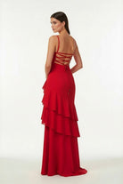 Posie | Red - Sheath Spaghetti Straps Chiffon Long Prom Dresses with Ruffles - KissProm