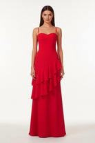 Posie | Red - Sheath Spaghetti Straps Chiffon Long Prom Dresses with Ruffles - KissProm